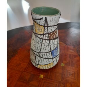 Retro, repesztett mázas kerámia váza geometriai mintával