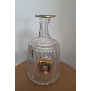 Antik ólomkristály butella vagy likőrs palack aranyozott porcelán Krisztus fejjel 19. sz.