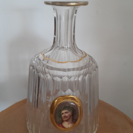 Antik ólomkristály butella vagy likőrs palack aranyozott porcelán Krisztus fejjel 19. sz.